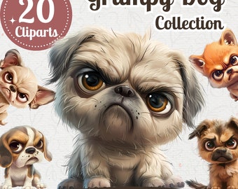 Grumpy Dog Clipart Bundle: Funny Cartoon PNG Graphics (Digital Download)