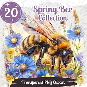 Spring Bee Cliparts 20 PNG Bundle Watercolor Floral Illustration Wildflower Meadow Graphic Honey Bee and Bumble Bee on Flowers