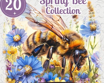 Watercolor Bee Clipart Bundle: Spring Floral PNG Graphics (Digital Download)