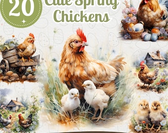 Watercolor Spring Chicken Clipart: Easter Farm PNG Bundle (Digital Download)