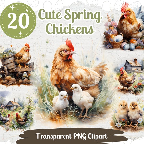 Spring Chicken Cliparts 20 PNG Bundle Pastel Watercolor Easter Chicken Card Crafting Junk Journal Kit Happy Easter Spring Farm Graphic