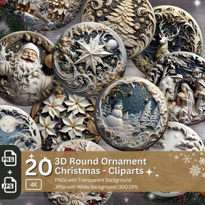 3D Christmas Ornament 20 PNG Bundle Sublimation Design Festive Round Stickers Stylish 3D Effect Round Christmas Decoration Clipart