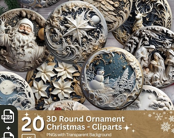 3D Christmas Ornament 20 PNG Bundle Sublimation Design Festive Round Stickers Stylish 3D Effect Round Christmas Decoration Clipart