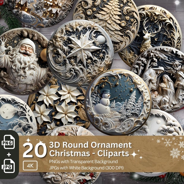3D Christmas Ornament PNG Clipart Bundle: Round Stickers (Digital Download)