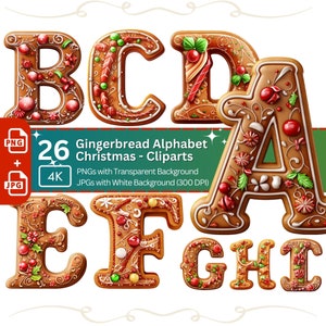 Gingerbread Alphabet 26 PNG Clipart Bundle Natal Fonte Clipart Cartão Fazendo Clip Art Digital Paper Craft Holiday Letter Gráfico