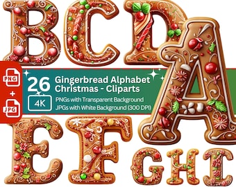Gingerbread Christmas Alphabet Clipart: 26 PNG Font Graphics (Digital Download)