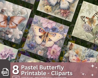 Conjunto de imágenes prediseñadas de mariposas pastel: estilo acuarela (descarga digital)