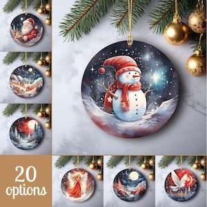 Aquarell Weihnachtsschmuck mit 20 verschiedenen Designs Runde Keramikverzierungen Vivid Classic Xmas Designs Festlicher Weihnachtsbaum Dekor