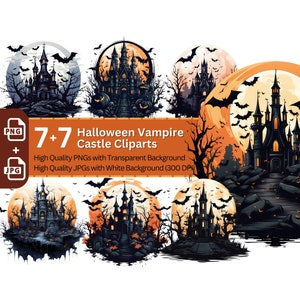 May include: Seven digital illustrations of a black vampire castle with a full moon and bats in the background. The castle is set against a dark orange sky. The illustrations are in a circular format.