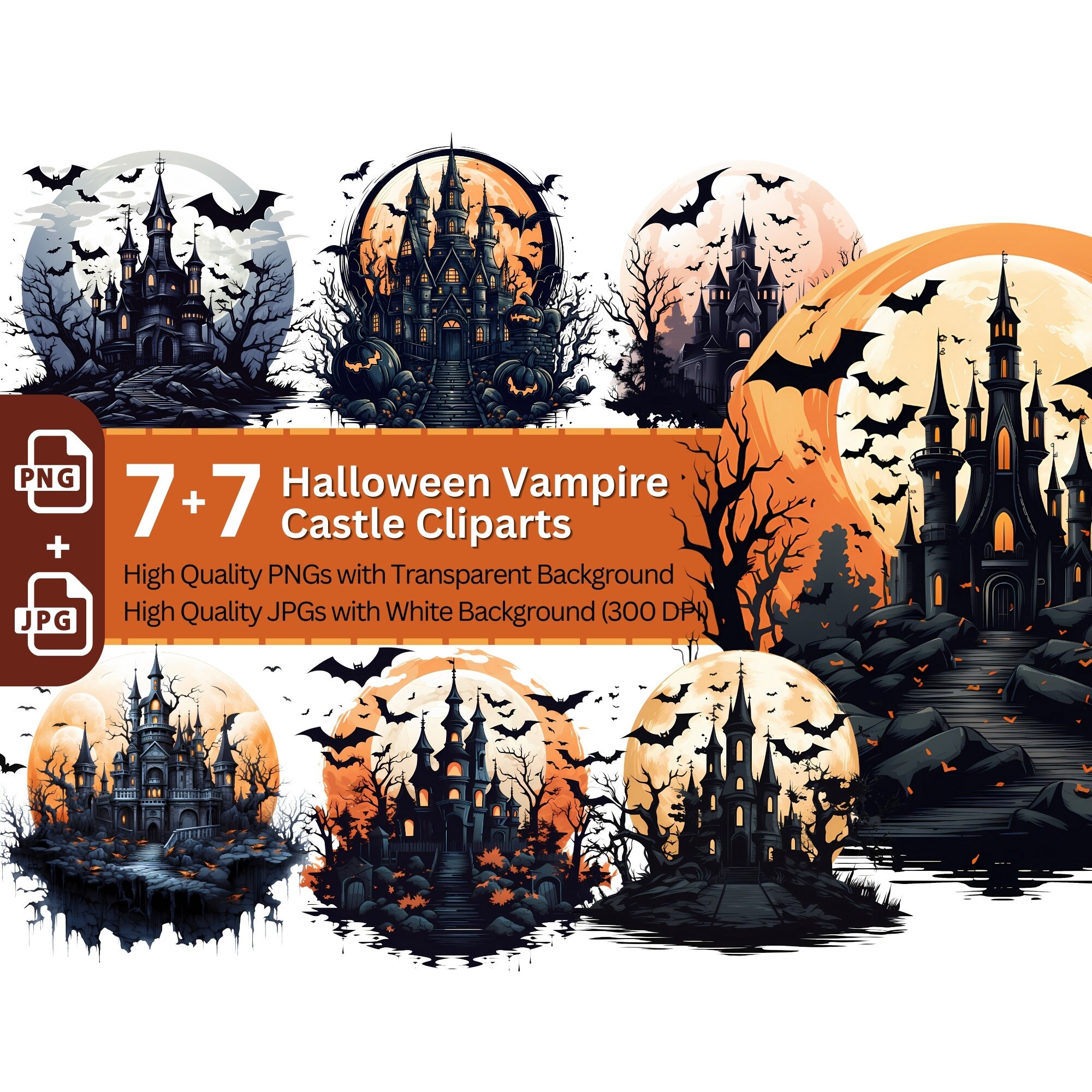 Vampire Castle Halloween Clipart 7+7 PNG Halloween Invitation Card Design Paper Crafting Book Clip Art Bats Full Moon Graphics