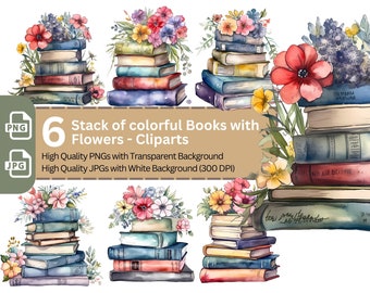 Watercolor Books & Flowers Clipart: Scrapbook PNG Bundle (Digital Download)