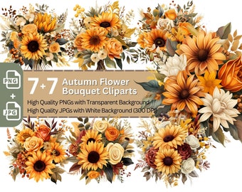 Autumn Flower Bouquet 7+7 PNG Clip Art Bundle Autumn Wedding Print on Wedding Invitations Cards Paper Craft Fall Wedding Colors Boho Clipart