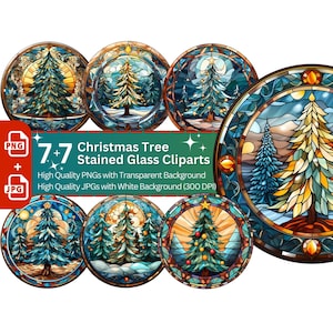 Albero di Natale in vetro colorato 7+7 PNG Clip Art Bundle Decorazione invernale Artigianato digitale Design Vacanza Carta Crafting Clipart Natale
