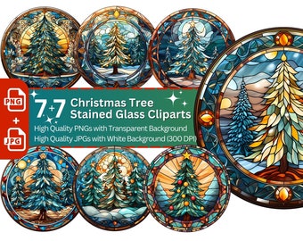 May include: A selection of seven Christmas tree stained glass clip art designs in a circular format. The clip art features detailed illustrations of Christmas trees with various backgrounds, including snow, sunsets, and starry skies. The image includes the text "Christmas Tree Stained Glass Cliparts".