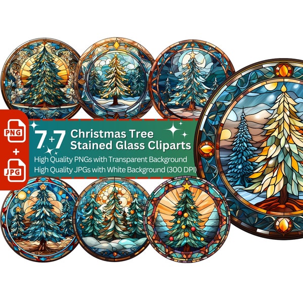 Christmas Tree Stained Glass 7+7 PNG Clip Art Bundle Winter Decoration Digital Crafts Design Holiday Paper Crafting Clipart Christmas