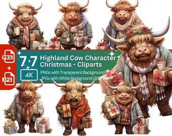Funny Highland Cow Christmas Clipart: PNG JPG Graphics (Digital Download)