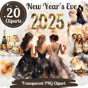 Pacote de clipart de véspera de ano novo 20 PNG Designs festivos de celebração de ano novo Preto e dourado Aquarela Gráfico Festa de fogos de artifício de ano novo 2025