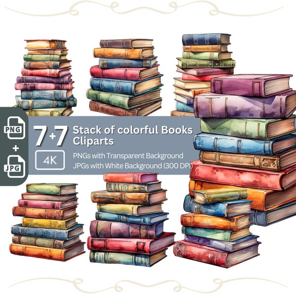 Colorful Stack of Books Clipart - Vibrant Library Artwork for Digital Projects 7+7 PNG JPG Bundle Watercolor Book Lover Graphic Card Design