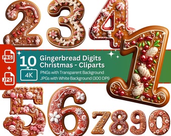 Gingerbread Christmas Number Clipart, Holiday Digits (PNG & JPG)