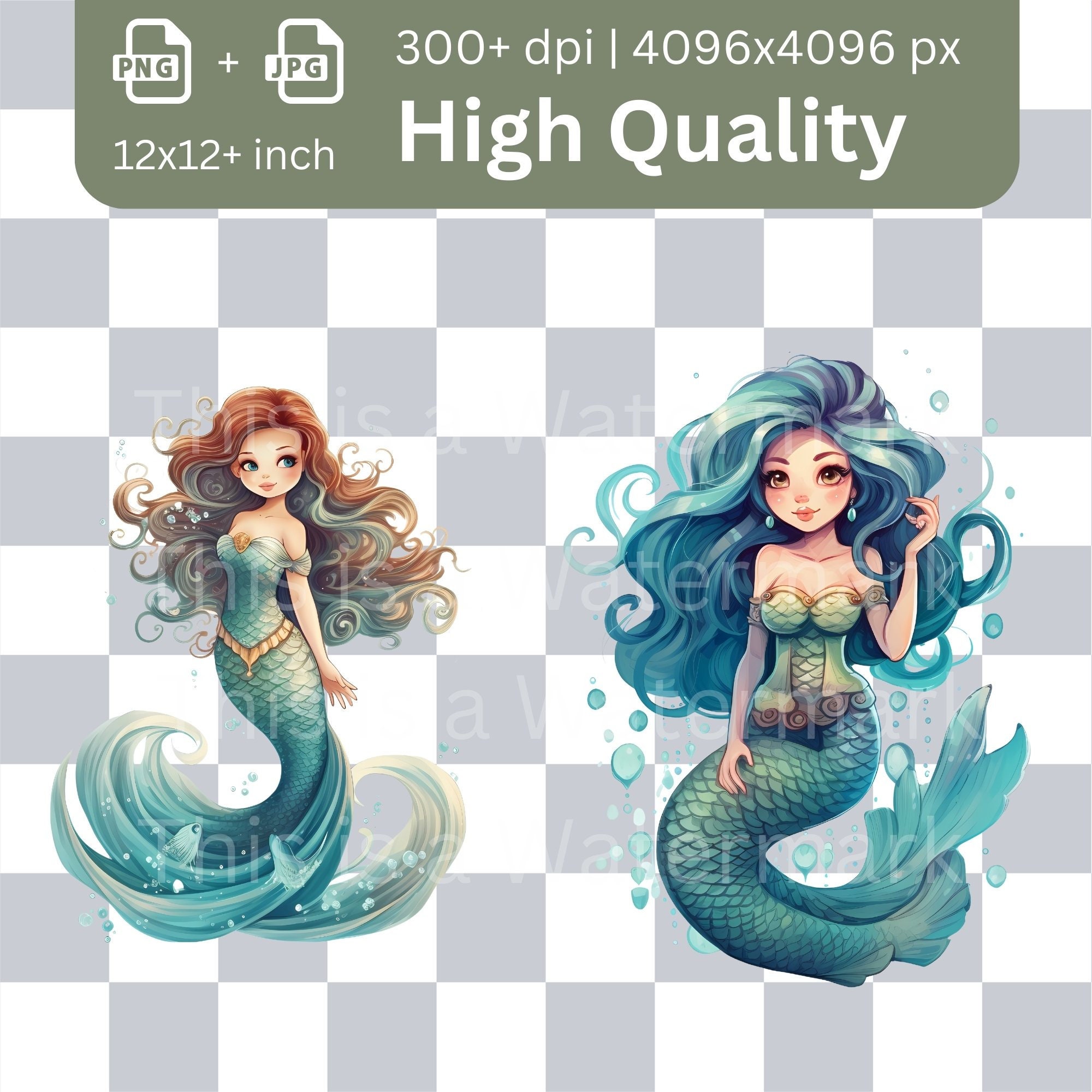Mermaid Princess Clipart Bundle: Fantasy PNG Graphics (digital Download ...