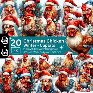 Kerst kip cliparts 20x PNG bundel kip met kerstmuts clipart kaart maken digitale papier ambachtelijke winter vakantie junk Journal Kit