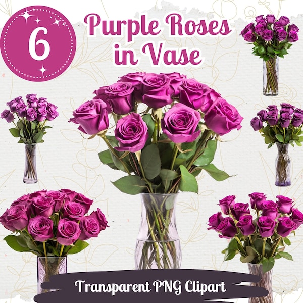 Purple Roses Cliparts 6 PNG Bundle for Sublimation Transparent Background Clipart Invitations Greeting Cards Floral Graphic Flower Image