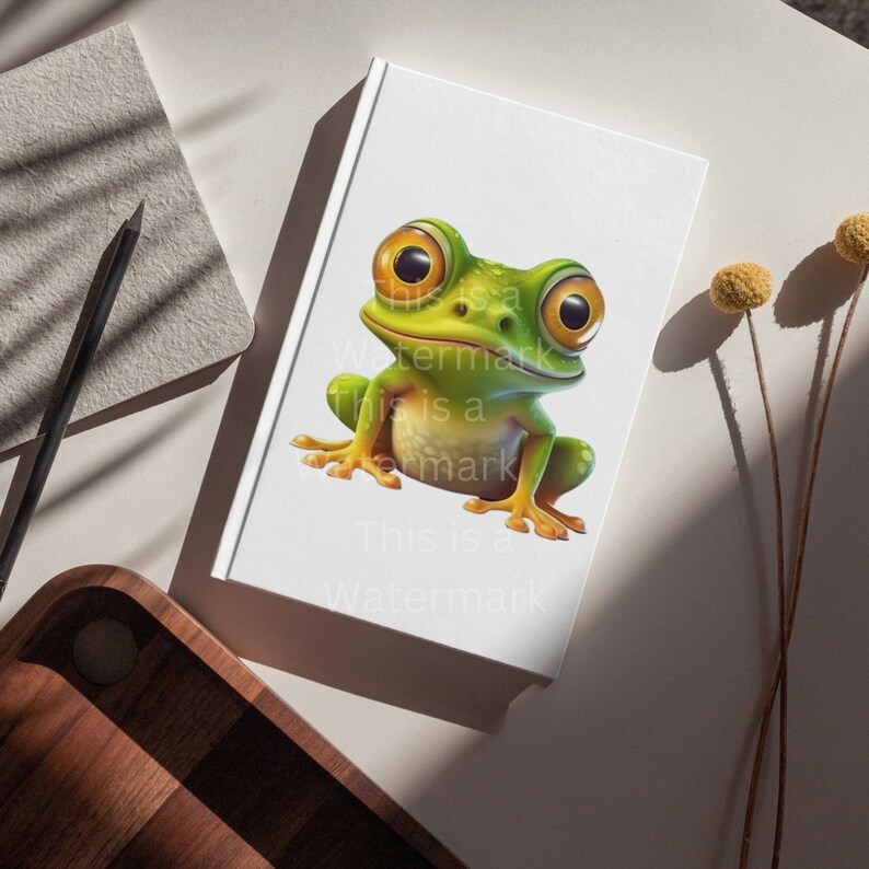May include: A green frog with large, round, yellow eyes and a wide smile. The frog is sitting on a white background.