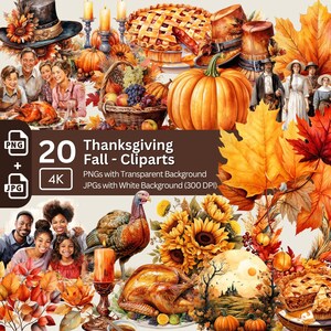 Pacchetto Clipart del Ringraziamento 20+20 PNG JPG Grafica autunnale Design della carta festiva Grafica sublimatica autunnale Ringraziamento Mestiere di carta Acquerello