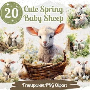 Frühling Schaf Cliparts 20 PNG Bündel Pastell Aquarell Ostern Lamm Karte Basteln Junk Journal Kit Frohe Ostern Frühling Kinderzimmer Grafik