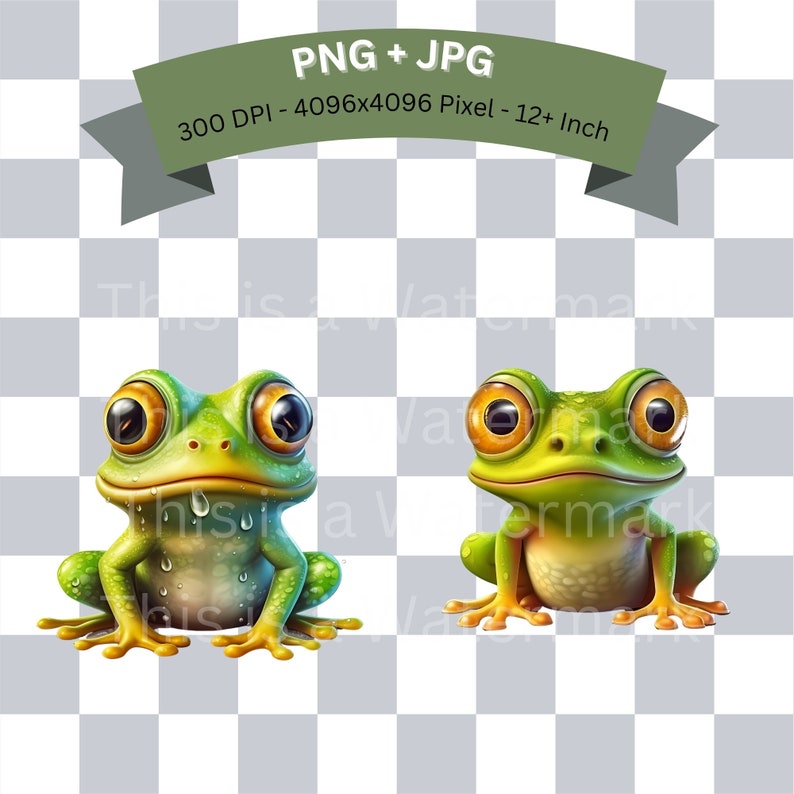 May include: Two green frogs with large, round, orange eyes. The frogs are sitting on a white and gray checkered background.