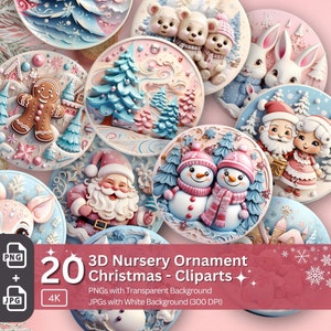 3D Kinderzimmer Ornament 20 PNG Bundle Sublimation Design Festliche Runde Aufkleber Pastell 3D Effekt Runde Weihnachtsdekoration Clipart