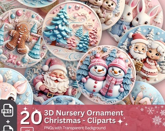 3D Nursery Christmas Ornament 20 PNG Bundle Sublimation Design Festive Round Stickers Pastel 3D Effect Round Christmas Decoration Clipart