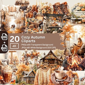 Aconchegante Outono Clipart 20 + 20 PNG JPG Pacote Gráficos de Outono Design de Cartão Hygge Outono Sublimação Gráfico de Ação de Graças Papel Artesanal Aquarela