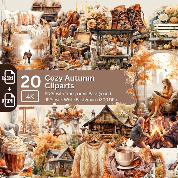 Cozy Autumn Clipart 20+20 PNG JPG Bundle Fall Graphics Hygge Card Design Autumn Sublimation Graphic Thanksgiving Paper Craft Watercolor