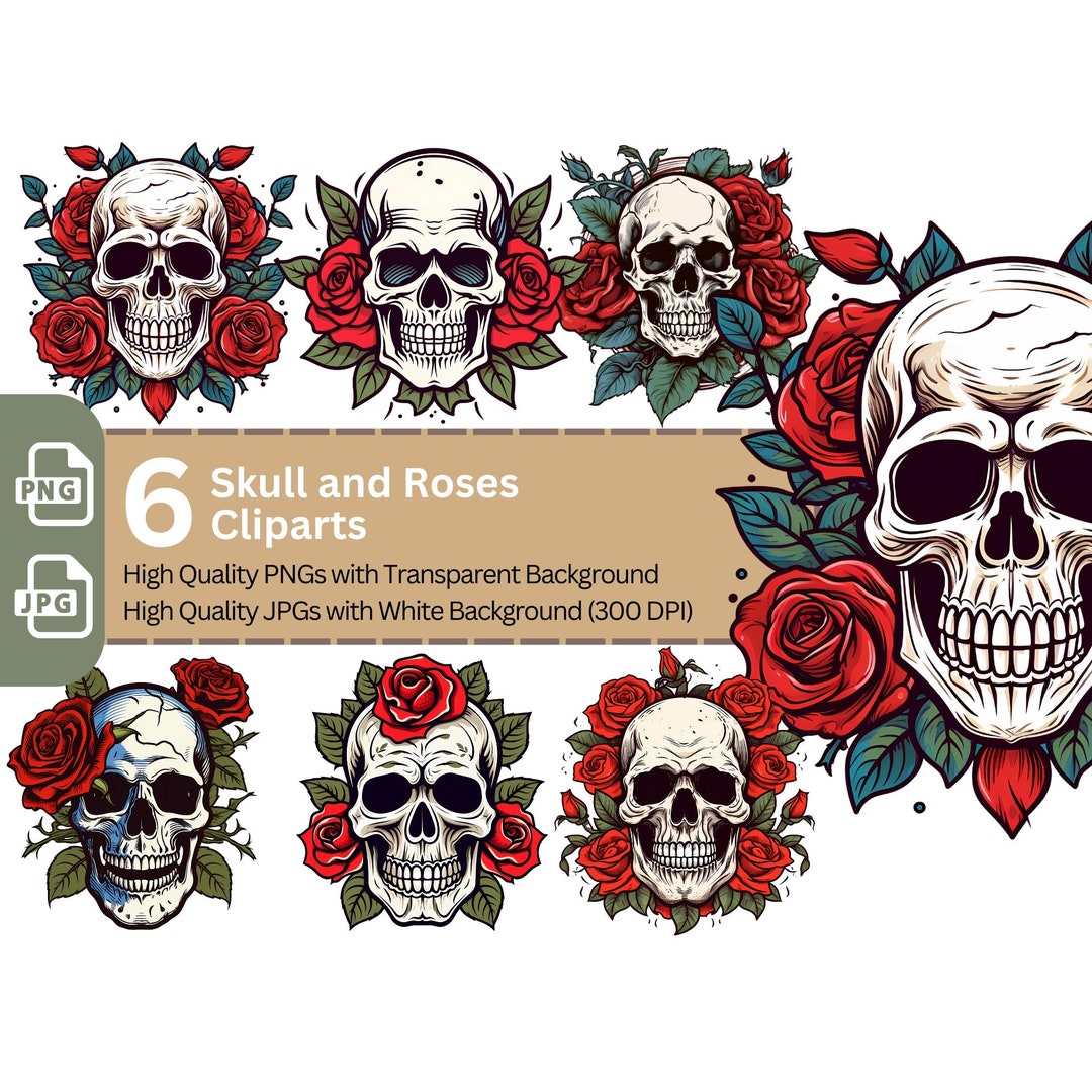 Skull and Roses Tattoo Clipart Bundle: Gothic PNG Graphics (digital ...