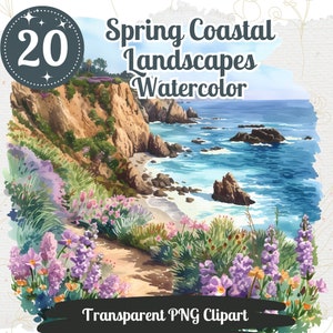 Pode incluir: Uma pintura em aquarela de uma paisagem costeira com um penhasco rochoso, uma praia de areia e água do mar azul. A cena é emoldurada por uma vegetação exuberante e flores roxas. O texto "Spring Coastal Landscapes Watercolor" e "20" é visível na imagem.