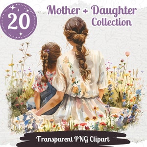 Clipart per madre e figlia 20 PNG Bundle Grafica per la festa della mamma dell'acquerello Colori pastello Happy Mothers Day Cardmaking Clipart