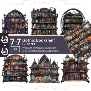 Gothic Bookshelf Clipart 7+7 PNG JPG Bundle Dark and Mystical Gothic Aesthetics Old Library Artwork Witchy Book Graphics Old Book Display
