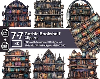 Gothic Bookshelf Clipart Bundle: Dark Library Art (PNG JPG)