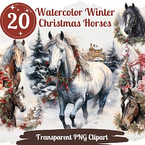 Weihnachten Pferde Aquarell Clipart 20 PNG Bundle Saisonale Pferdebilder Winter Pferd Grafik Pferd Aquarell Sublimation Junk Journal Kit