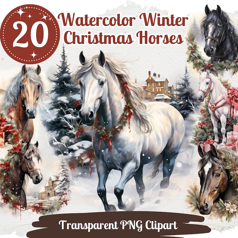 Christmas Horses Watercolor Clipart: Winter PNG Bundle (digital ...