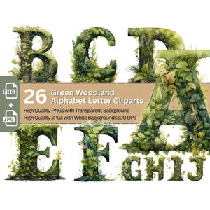 Green Woodland Alphabet 26x PNG Clip Art Bundle Letras elegantes para tarjetas de invitación Moss Fern Ivy Font Iniciales completas del alfabeto inglés