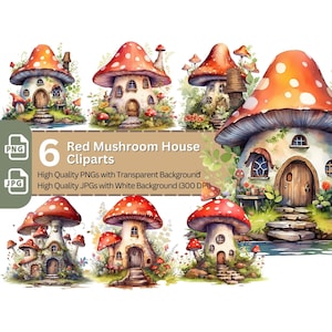 Red Mushroom House 6x PNG Clip Art Bundle Fairy Core Design Card Making Paper Crafting Children Book Clipart Fantasy Novel Graphics