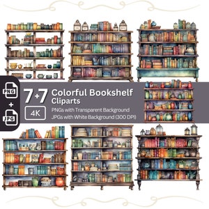 Colorful Bookshelf Clipart 7+7 PNG JPG Bundle Perfect for Scrapbooking and Digital Art Projects Book Lover Graphic Library Artwork