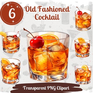 Old Fashioned Cocktail Clipart 6 PNG Paquete Clásico Menú de Cócteles de Verano Clipart Ilustración Digital Espíritus Bebidas de Verano Arte