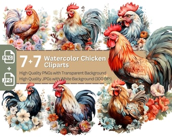 Watercolor Chicken Clipart Bundle: Rooster PNGs for Card Making (Digital Download)