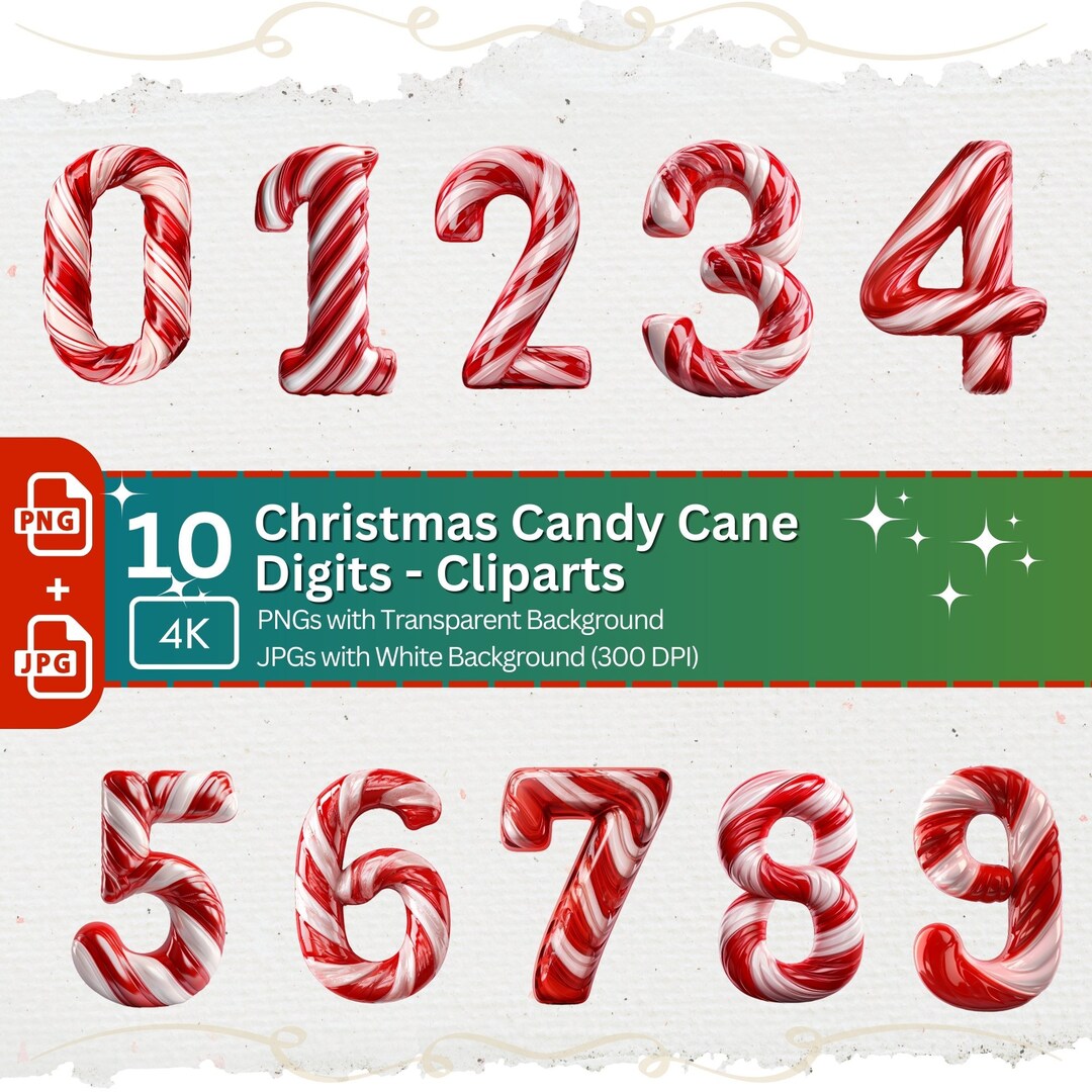 Candy Cane Numbers Clipart 10 PNG Bundle Christmas Sweet Font Clipart