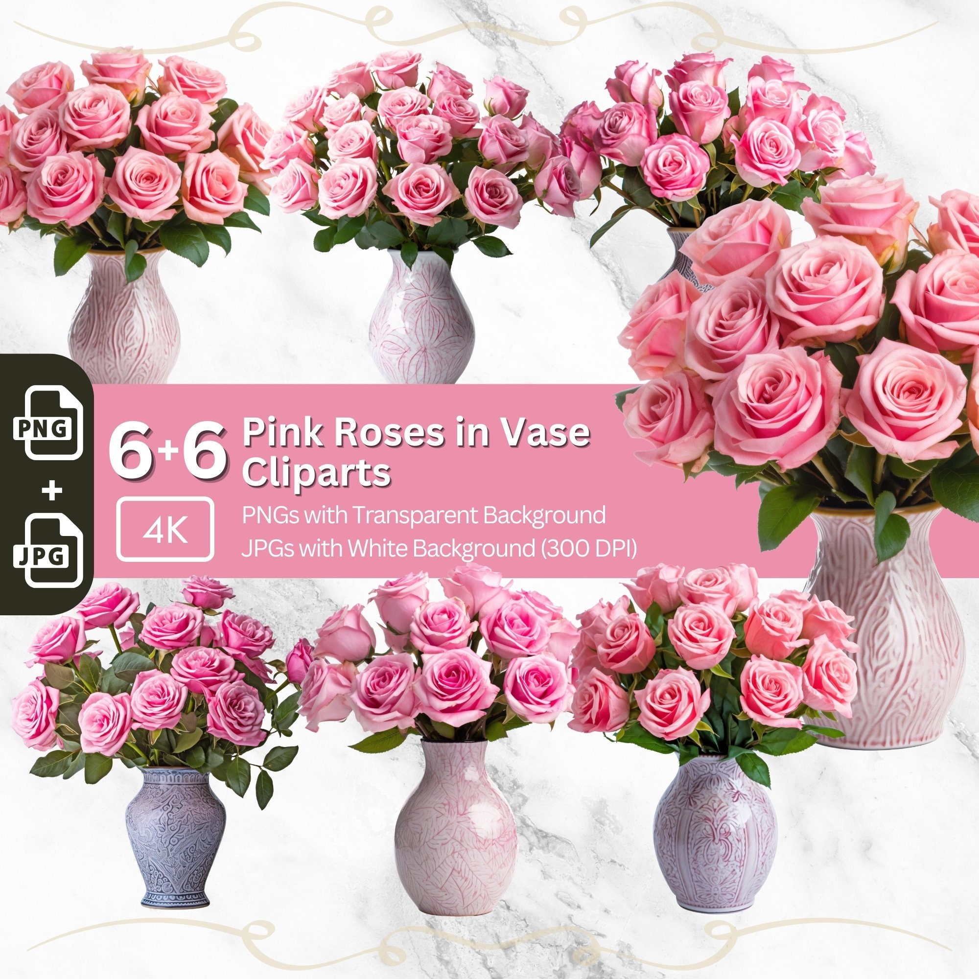 Pink Roses in Vase Clipart PNG Bundle Flower Digital Paper - Etsy