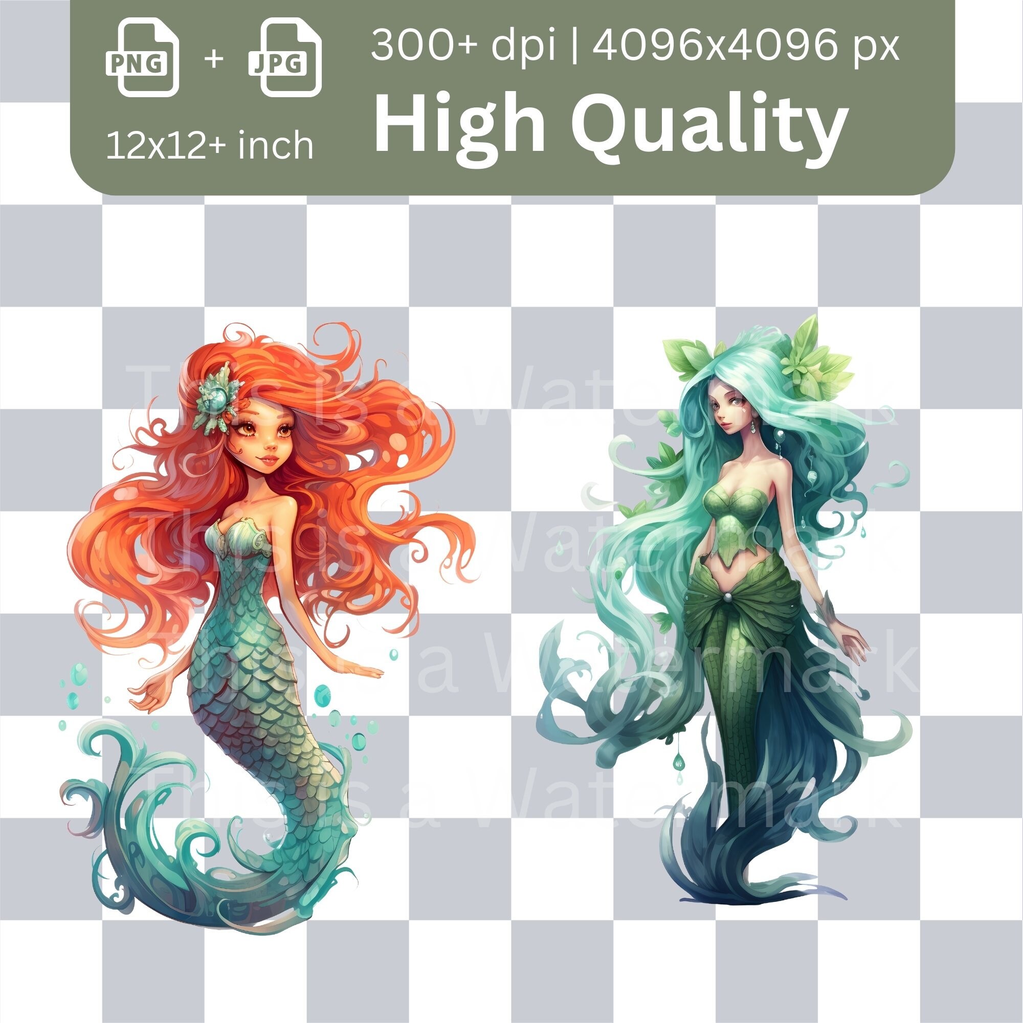 Mermaid Princess Clipart Bundle: Fantasy PNG Graphics (digital Download ...