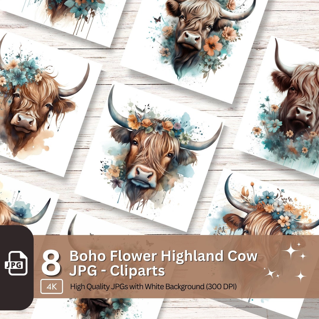 Highland Cow Watercolor Clipart: Boho Floral JPG Bundle (digital ...